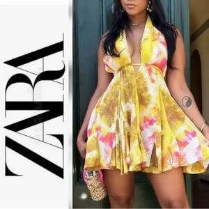 Zara Yellow Tie-Dye Halter Mini Dress with Pink Accents